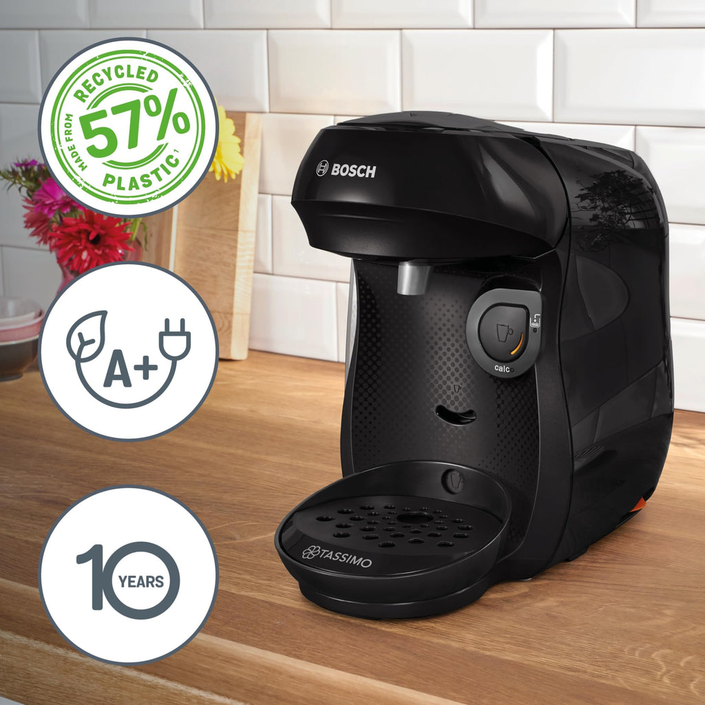 Tassimo Happy TAS1002 – Kapselmaschine, über 70 Getränke, INTELLIBREW™, 1400W, Schwarz - CremaKafe Edition