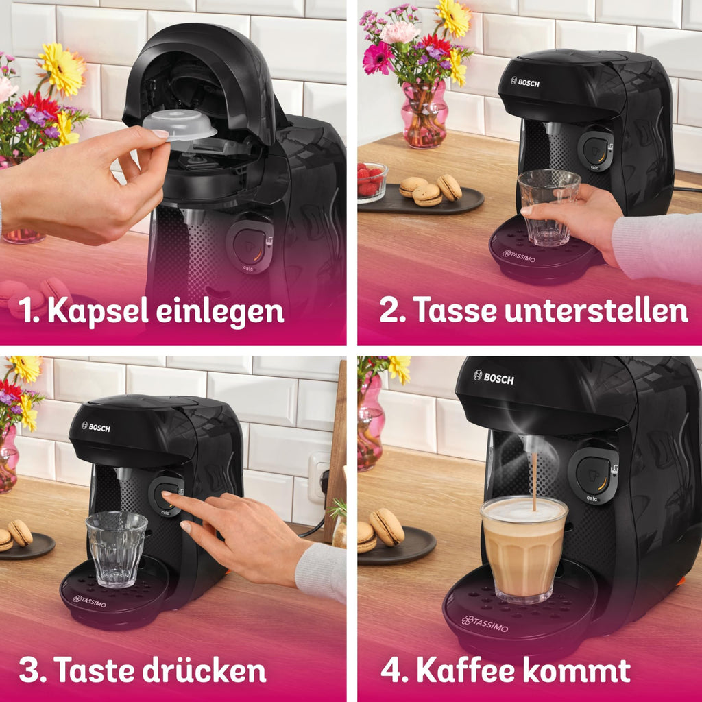 Tassimo Happy TAS1002 – Kapselmaschine, über 70 Getränke, INTELLIBREW™, 1400W, Schwarz - CremaKafe Edition