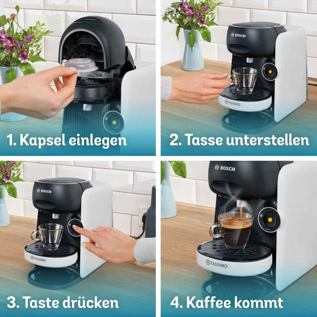 Tassimo Finesse TAS1104 – Kapselmaschine, IntensityBoost, über 70 Getränke, 1400W, Weiss/Schwarz - CremaKafe Edition